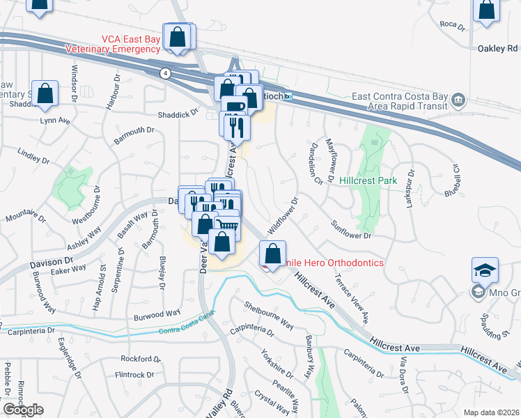 map of restaurants, bars, coffee shops, grocery stores, and more near 2778 Lily Court in Antioch