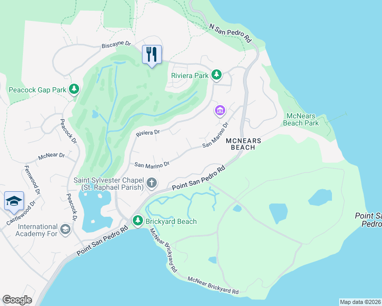 map of restaurants, bars, coffee shops, grocery stores, and more near 117 San Marino Drive in San Rafael