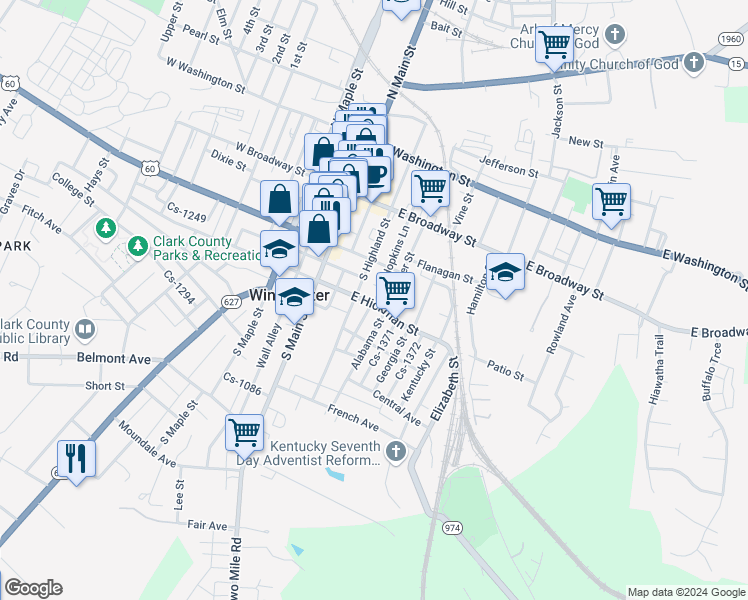 map of restaurants, bars, coffee shops, grocery stores, and more near 118 East Lexington Avenue in Winchester