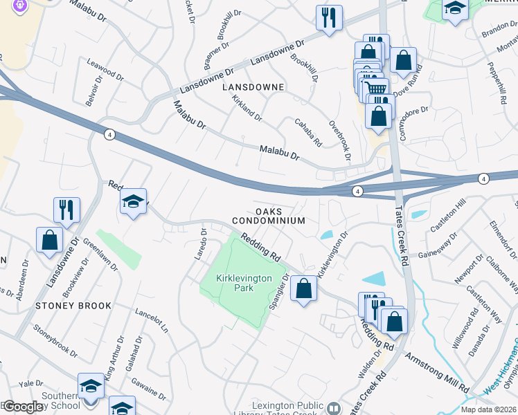 map of restaurants, bars, coffee shops, grocery stores, and more near 385 Redding Road in Lexington