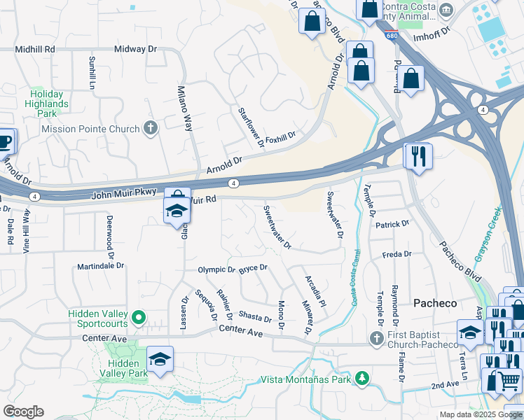 map of restaurants, bars, coffee shops, grocery stores, and more near 2168 Westward Place in Martinez