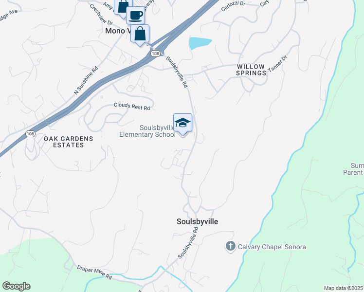 map of restaurants, bars, coffee shops, grocery stores, and more near 20300 Soulsbyville Road in Soulsbyville