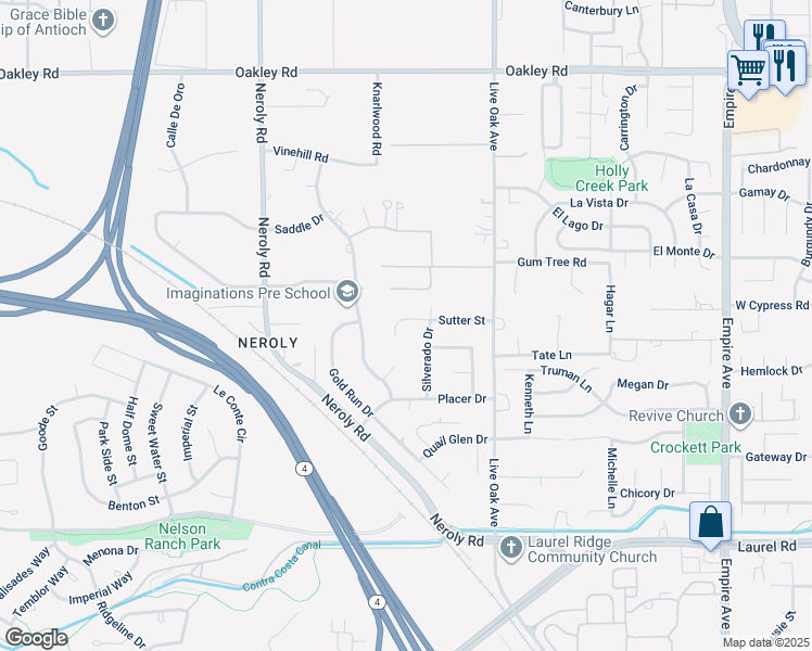 map of restaurants, bars, coffee shops, grocery stores, and more near 105 Prospect Court in Oakley