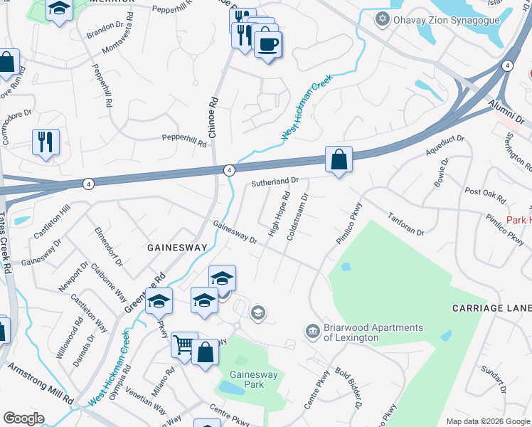 map of restaurants, bars, coffee shops, grocery stores, and more near 3316 Crown Crest Road in Lexington