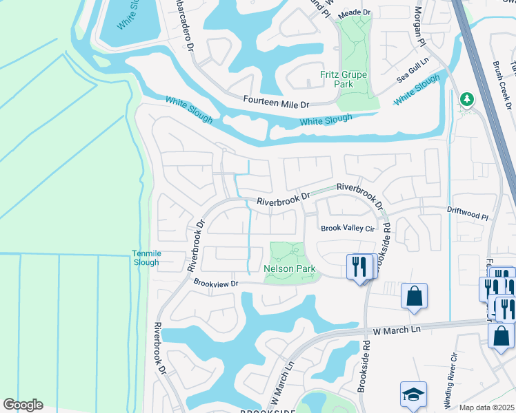 map of restaurants, bars, coffee shops, grocery stores, and more near 6224 Pine Meadow Circle in Stockton