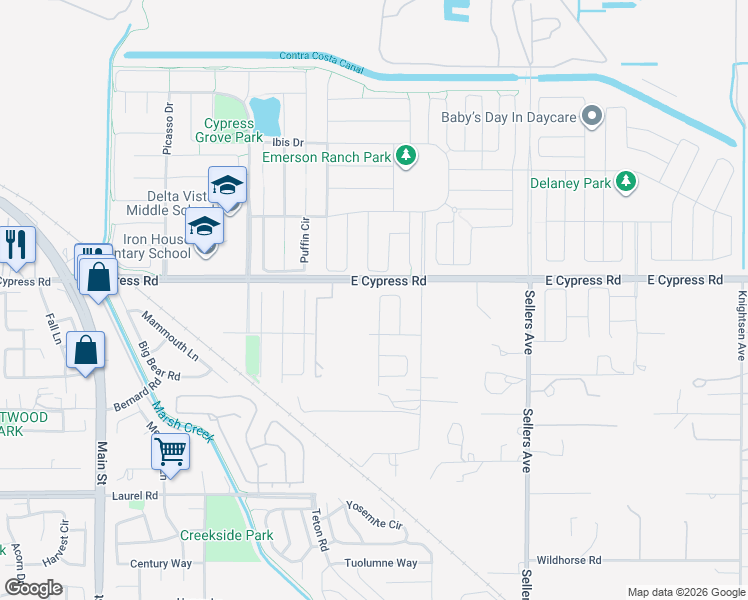 map of restaurants, bars, coffee shops, grocery stores, and more near 629 Channel Circle in Oakley