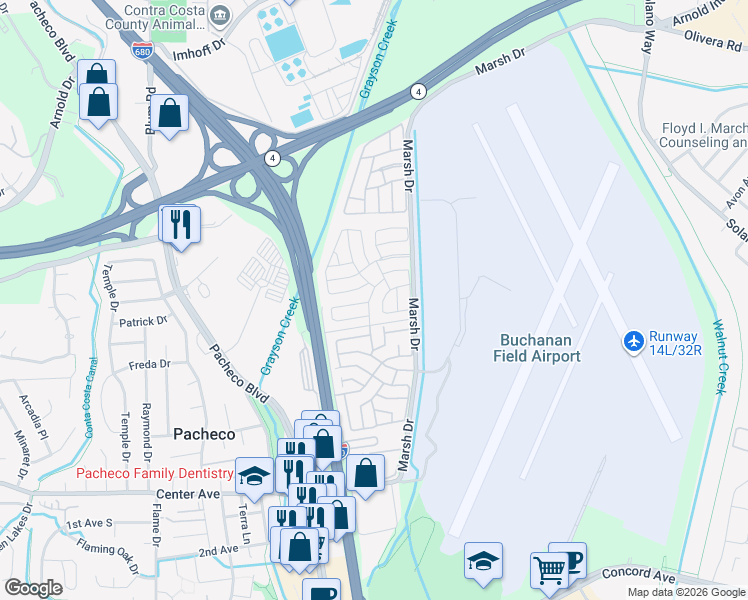map of restaurants, bars, coffee shops, grocery stores, and more near 261 Tanbor Way in Pacheco