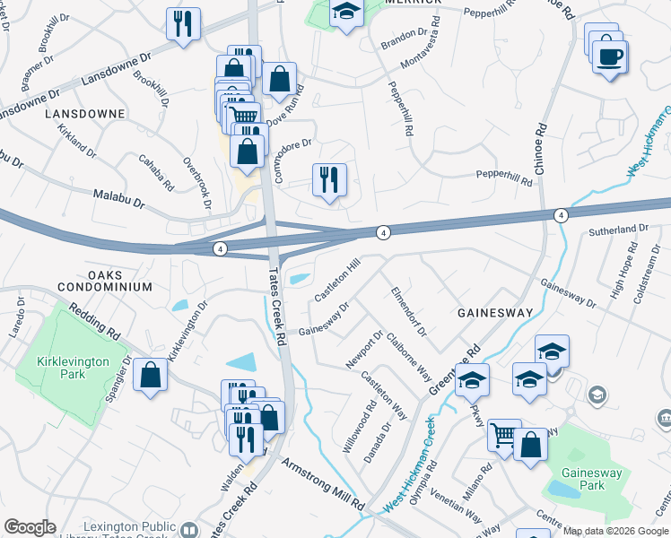 map of restaurants, bars, coffee shops, grocery stores, and more near 1080 Lakefront Drive in Lexington