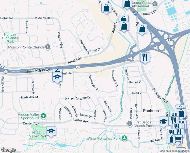 map of restaurants, bars, coffee shops, grocery stores, and more near 2265 Highcliff Court in Martinez