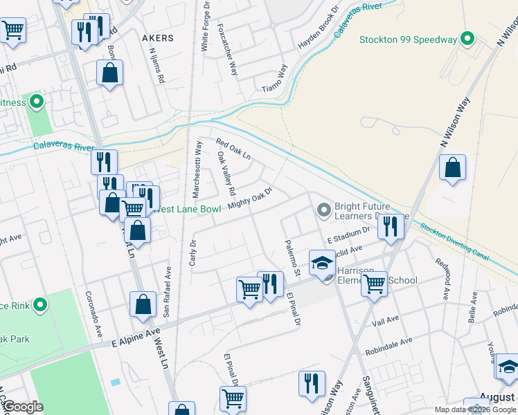 map of restaurants, bars, coffee shops, grocery stores, and more near 1989 Mighty Oak Drive in Stockton