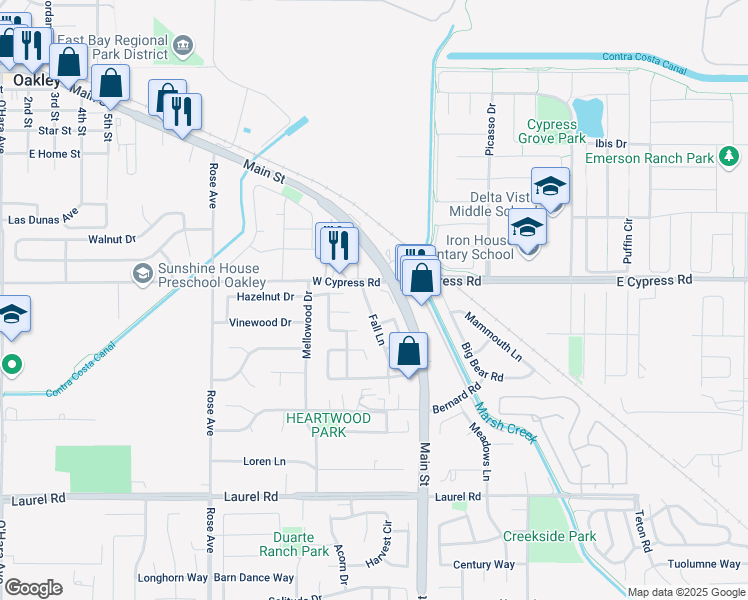 map of restaurants, bars, coffee shops, grocery stores, and more near 4498 Fall Lane in Oakley
