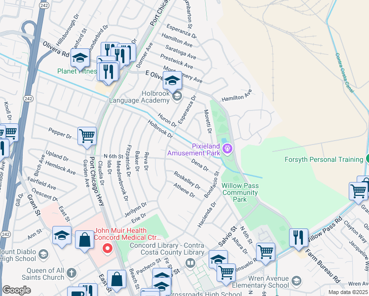 map of restaurants, bars, coffee shops, grocery stores, and more near 2157 Holbrook Drive in Concord