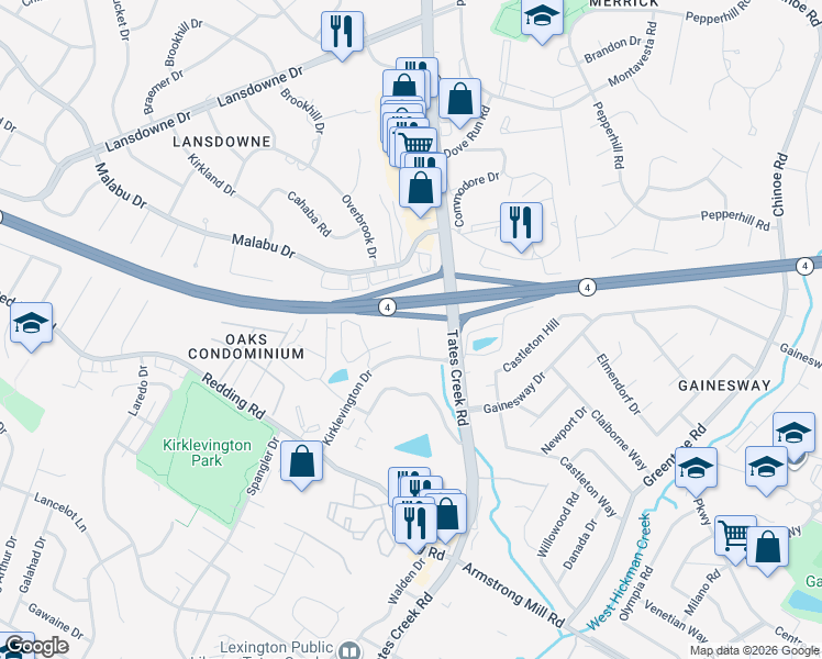 map of restaurants, bars, coffee shops, grocery stores, and more near 3051 Kirklevington Drive in Lexington