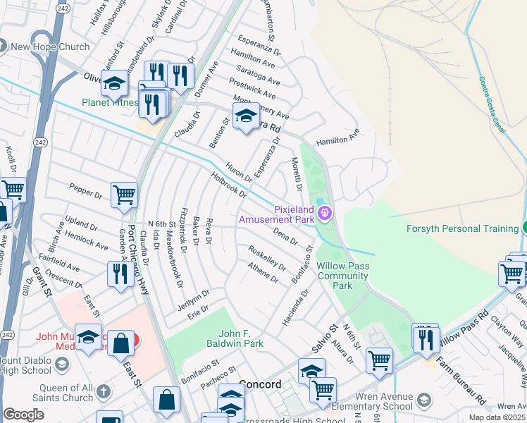 map of restaurants, bars, coffee shops, grocery stores, and more near 2157 Holbrook Drive in Concord