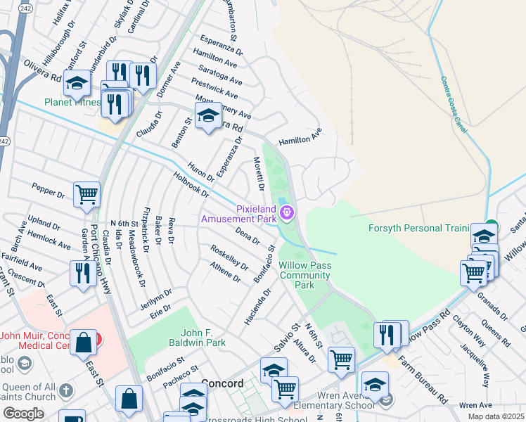 map of restaurants, bars, coffee shops, grocery stores, and more near 2101 Huron Drive in Concord