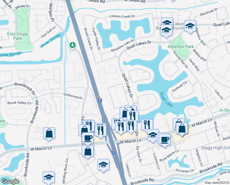 map of restaurants, bars, coffee shops, grocery stores, and more near 5154 White Birch Court in Stockton