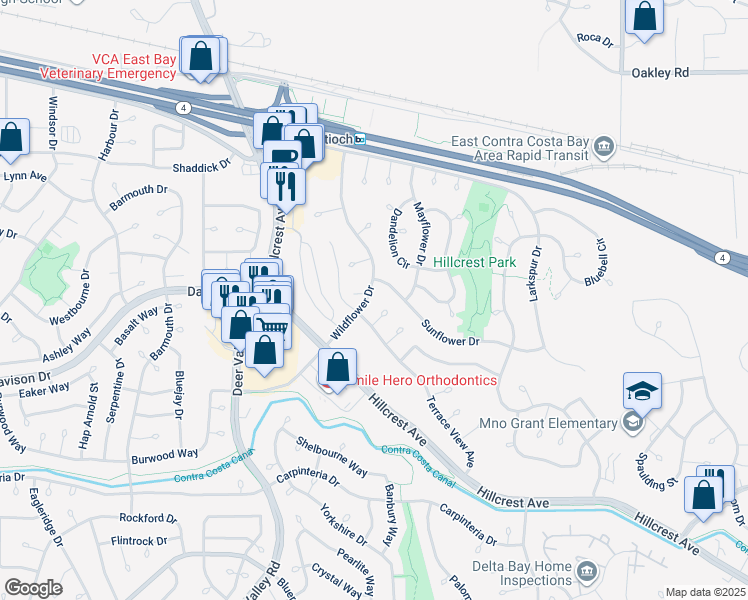 map of restaurants, bars, coffee shops, grocery stores, and more near 2908 Wildflower Drive in Antioch