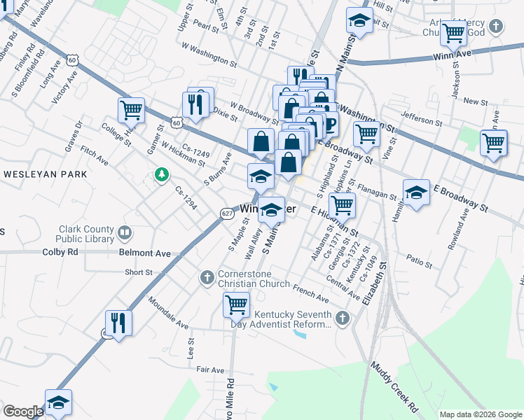 map of restaurants, bars, coffee shops, grocery stores, and more near 16 Boone Avenue in Winchester
