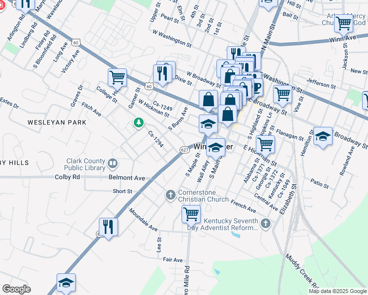 map of restaurants, bars, coffee shops, grocery stores, and more near 117 Boone Avenue in Winchester