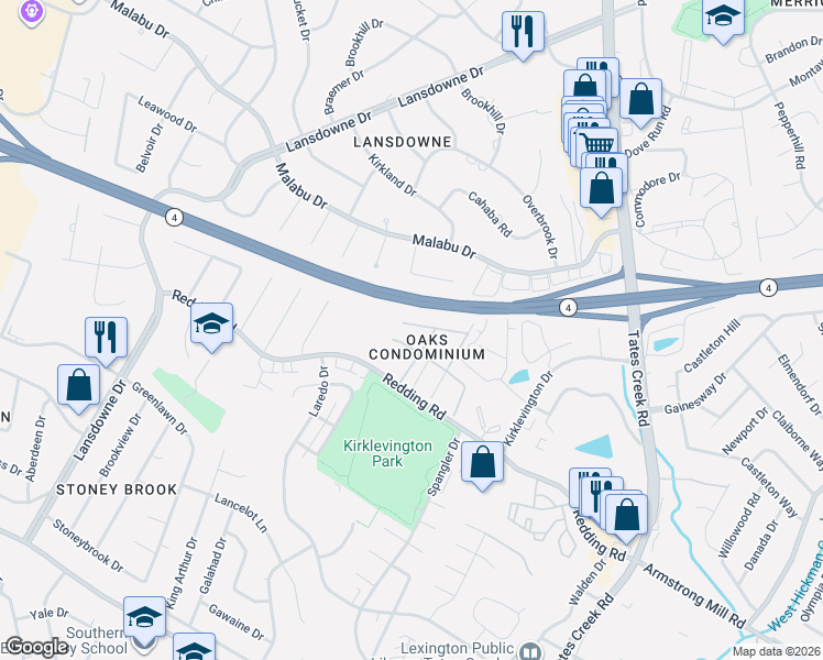 map of restaurants, bars, coffee shops, grocery stores, and more near 385 Redding Road in Lexington
