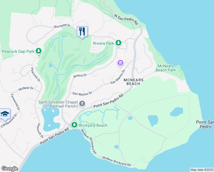 map of restaurants, bars, coffee shops, grocery stores, and more near 117 San Marino Drive in San Rafael