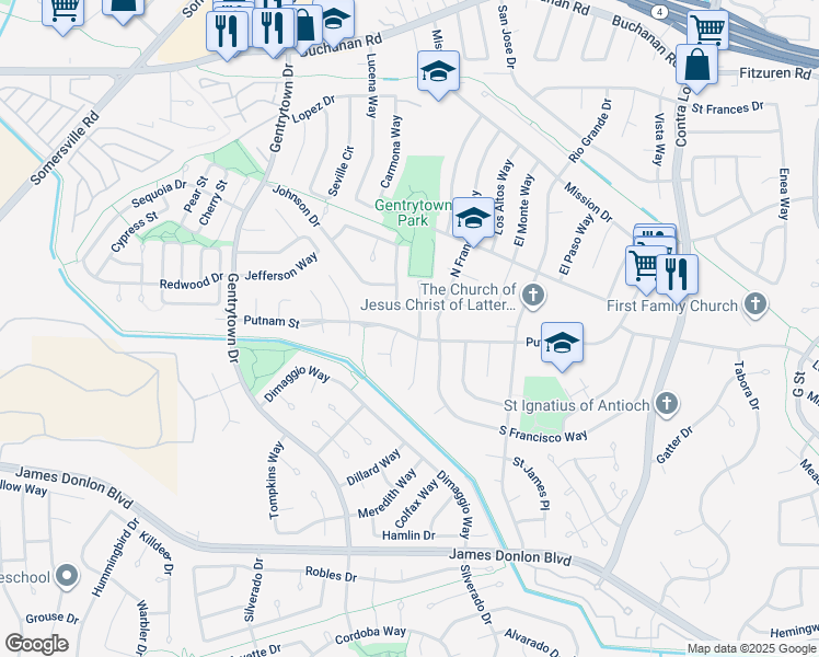 map of restaurants, bars, coffee shops, grocery stores, and more near 1618 Putnam Street in Antioch