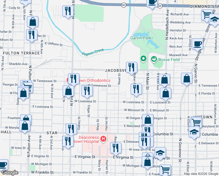 map of restaurants, bars, coffee shops, grocery stores, and more near 401-499 West Tennessee Street in Evansville