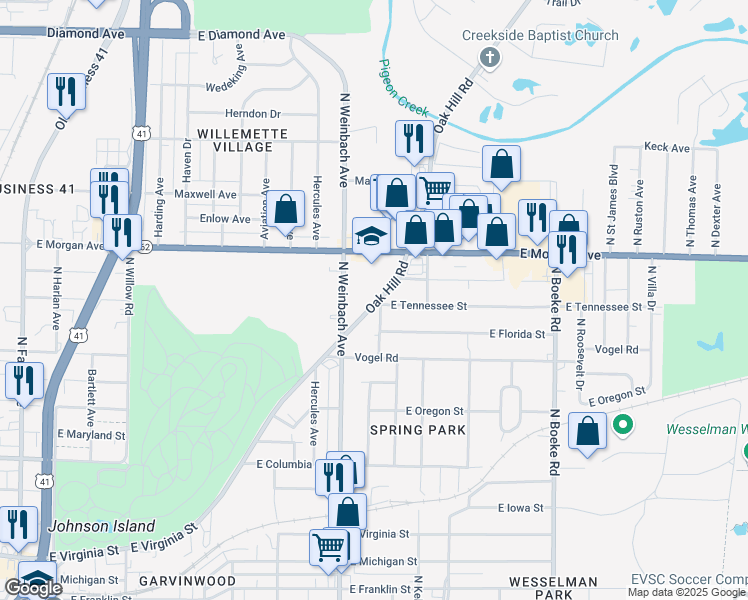 map of restaurants, bars, coffee shops, grocery stores, and more near 1500 Oak Hill Road in Evansville