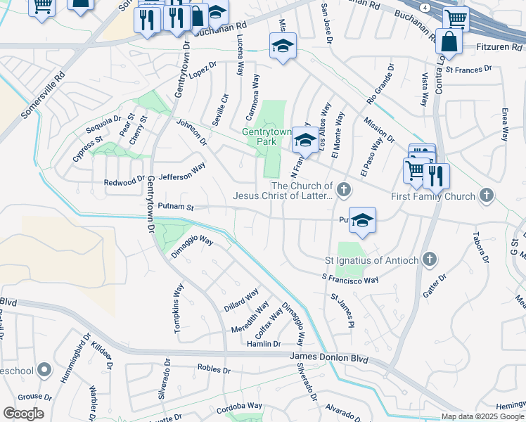 map of restaurants, bars, coffee shops, grocery stores, and more near 1618 Putnam Street in Antioch
