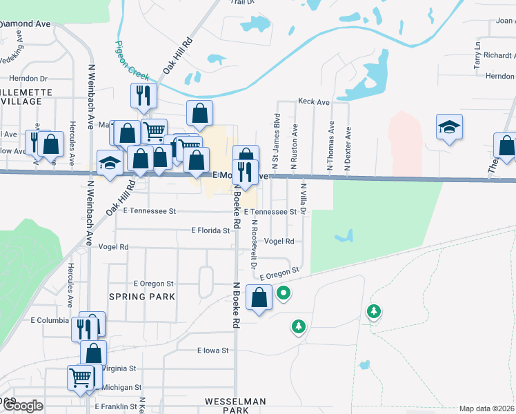 map of restaurants, bars, coffee shops, grocery stores, and more near 2500 East 2518 Tennessee Street in Evansville