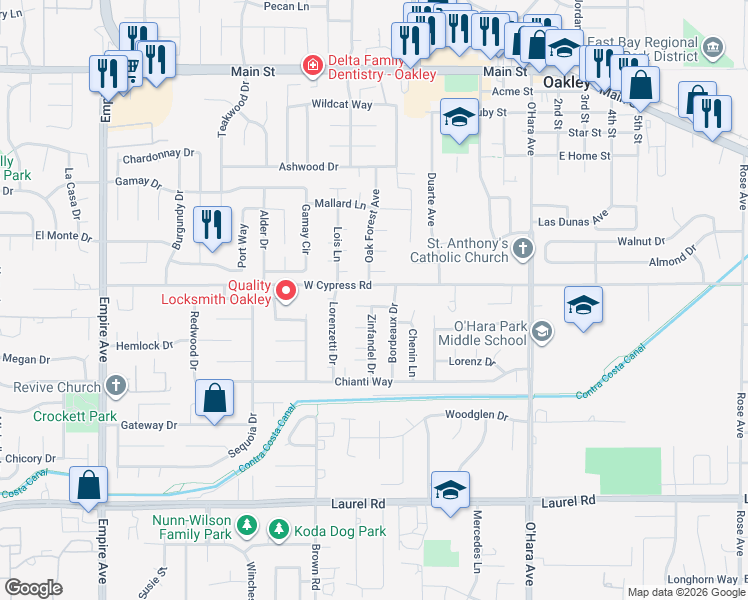 map of restaurants, bars, coffee shops, grocery stores, and more near 912 Rhine Way in Oakley