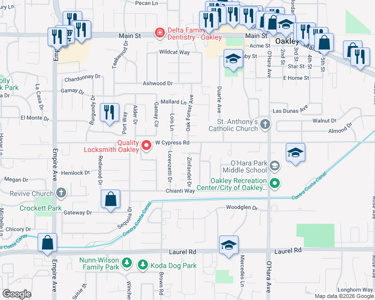 map of restaurants, bars, coffee shops, grocery stores, and more near 1433 West Cypress Road in Oakley