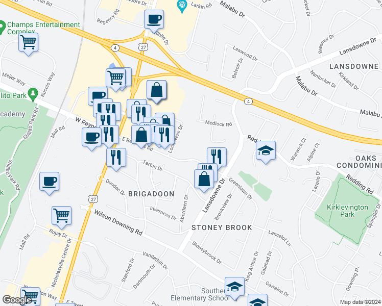 map of restaurants, bars, coffee shops, grocery stores, and more near 243 East Reynolds Road in Lexington