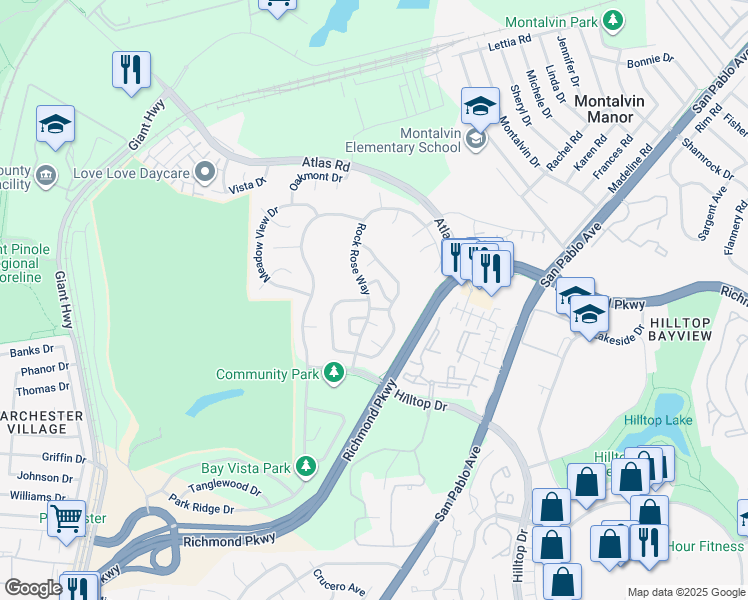 map of restaurants, bars, coffee shops, grocery stores, and more near 602 Rock Rose Way in San Pablo