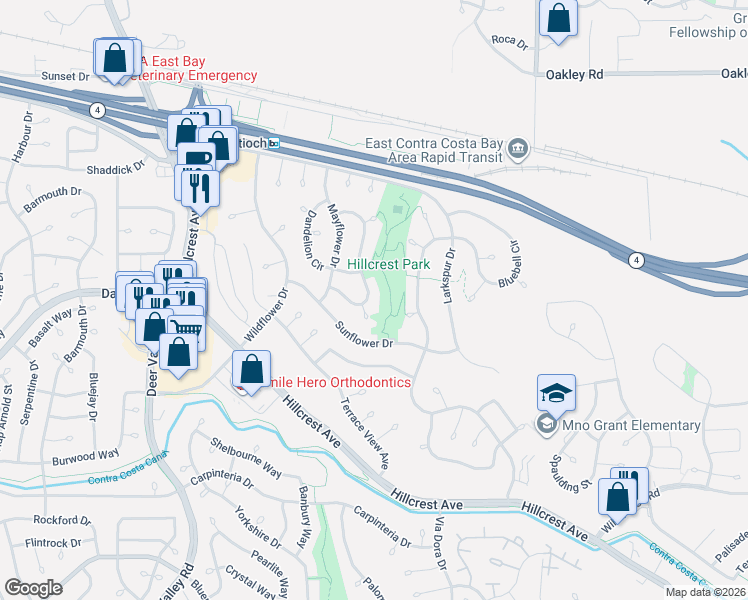 map of restaurants, bars, coffee shops, grocery stores, and more near 2921 Honeysuckle Circle in Antioch