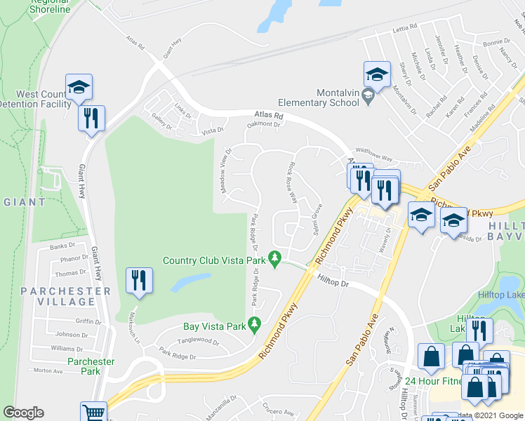 map of restaurants, bars, coffee shops, grocery stores, and more near 3630 Park Ridge Drive in Richmond