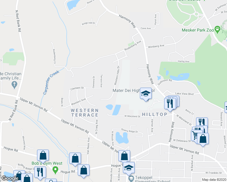 map of restaurants, bars, coffee shops, grocery stores, and more near 1256 Western Hills Drive in Evansville