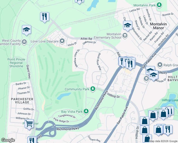 map of restaurants, bars, coffee shops, grocery stores, and more near 3630 Park Ridge Drive in Richmond