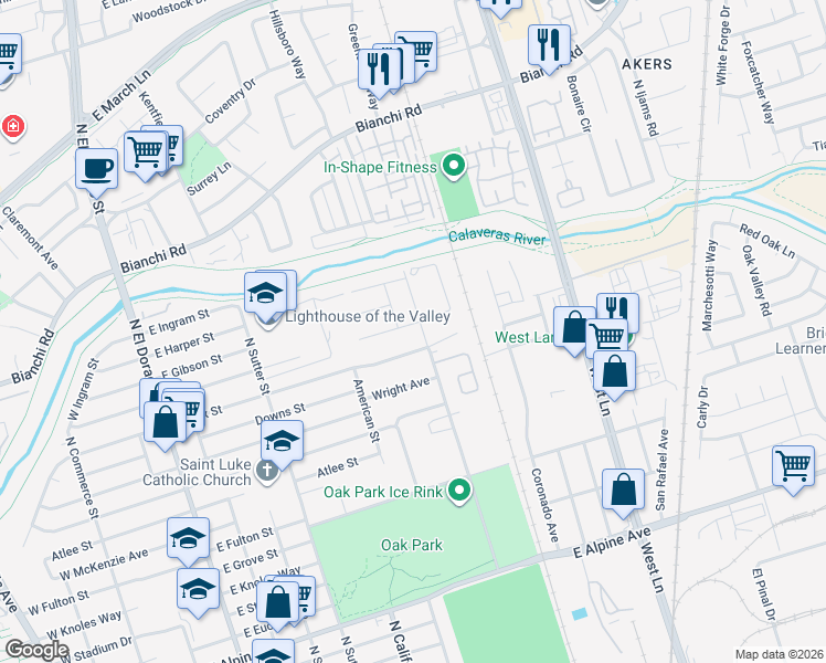 map of restaurants, bars, coffee shops, grocery stores, and more near 2 Fargo Street in Stockton