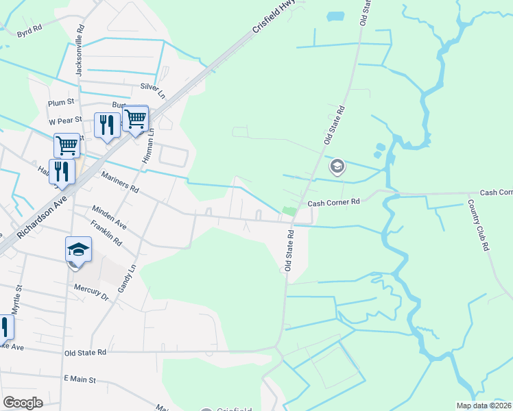 map of restaurants, bars, coffee shops, grocery stores, and more near 26642 Mariners Rd in Crisfield