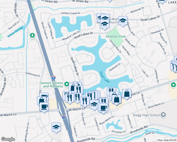 map of restaurants, bars, coffee shops, grocery stores, and more near 4366 Mallard Creek Circle in Stockton