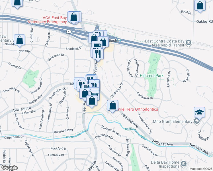map of restaurants, bars, coffee shops, grocery stores, and more near 2778 Lily Court in Antioch