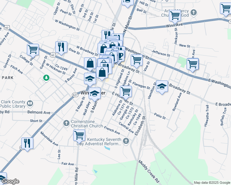 map of restaurants, bars, coffee shops, grocery stores, and more near 25 East Hickman Street in Winchester