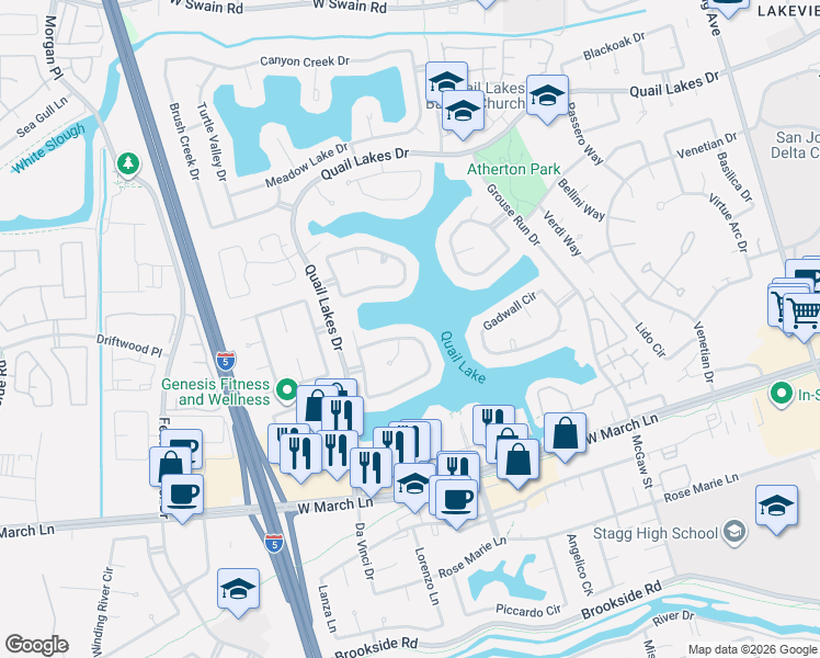 map of restaurants, bars, coffee shops, grocery stores, and more near 4366 Mallard Creek Circle in Stockton