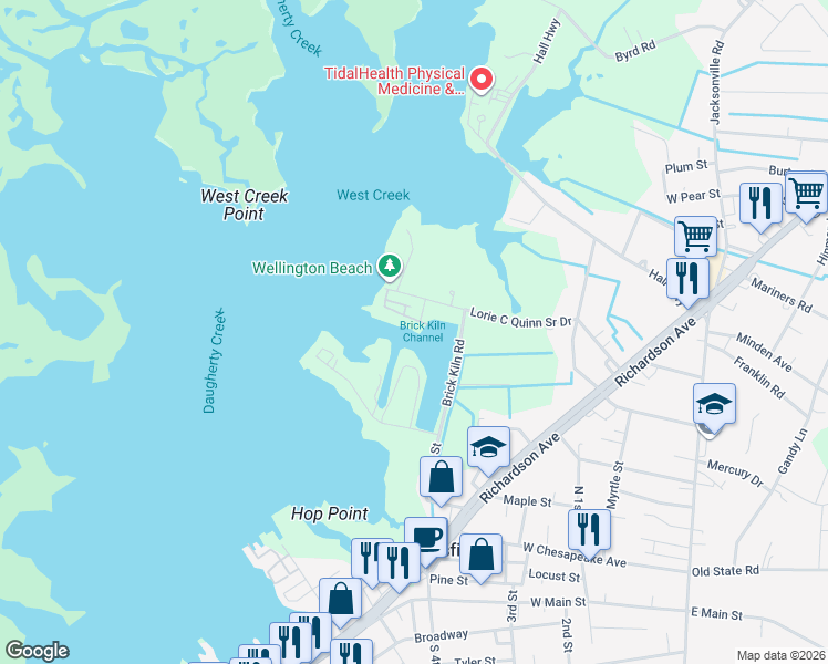 map of restaurants, bars, coffee shops, grocery stores, and more near 105 Waters Edge in Crisfield