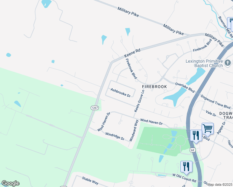 map of restaurants, bars, coffee shops, grocery stores, and more near 2853 Ashbrooke Drive in Lexington