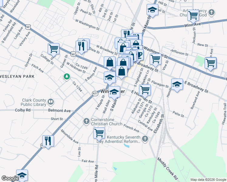 map of restaurants, bars, coffee shops, grocery stores, and more near 11 Boone Avenue in Winchester