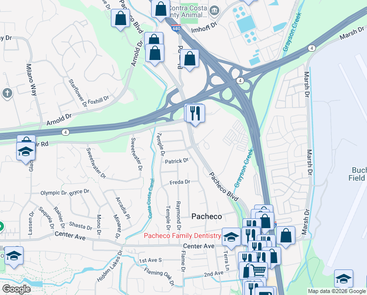 map of restaurants, bars, coffee shops, grocery stores, and more near 203 Riley Drive in Pacheco