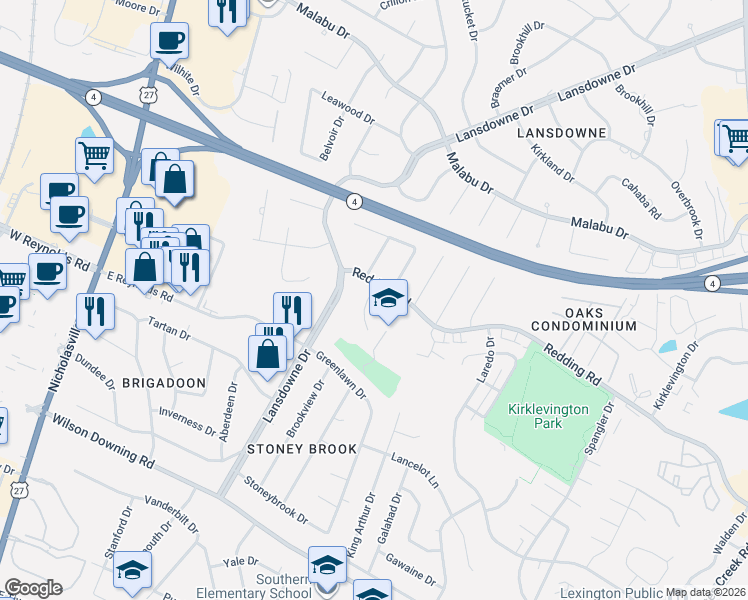 map of restaurants, bars, coffee shops, grocery stores, and more near 320 Redding Road in Lexington