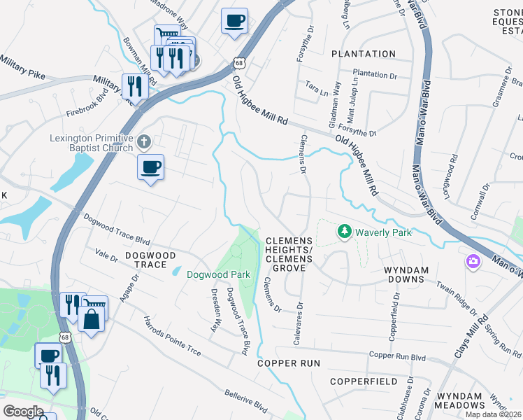 map of restaurants, bars, coffee shops, grocery stores, and more near 2045 Twain Ridge Drive in Lexington